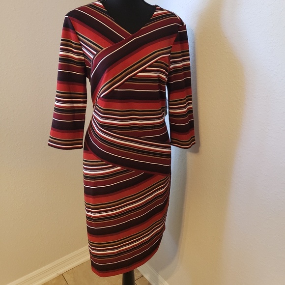 Burgundy/Brown/Cream colored Asymmetrical Dress - Picture 6 of 7